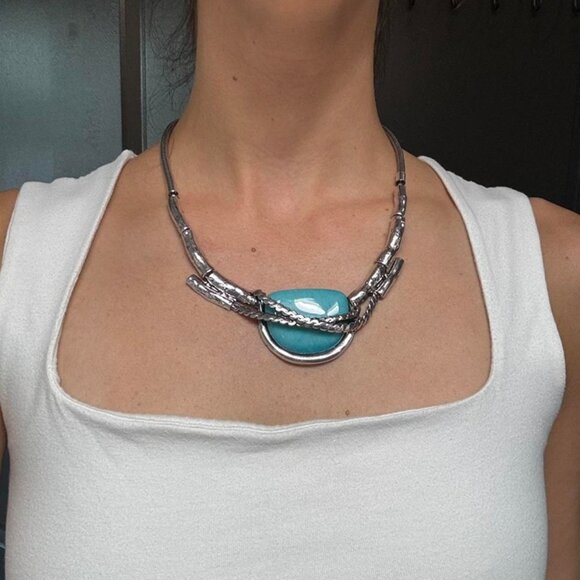 Silver and turquoise stone pendant statement necklace western - Picture 2 of 3